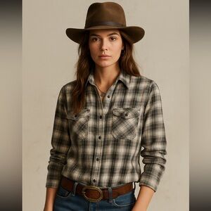 Denim & Supply Ralph Lauren Grey Cream Plaid RL Utility Button Up‎ Shirt Large